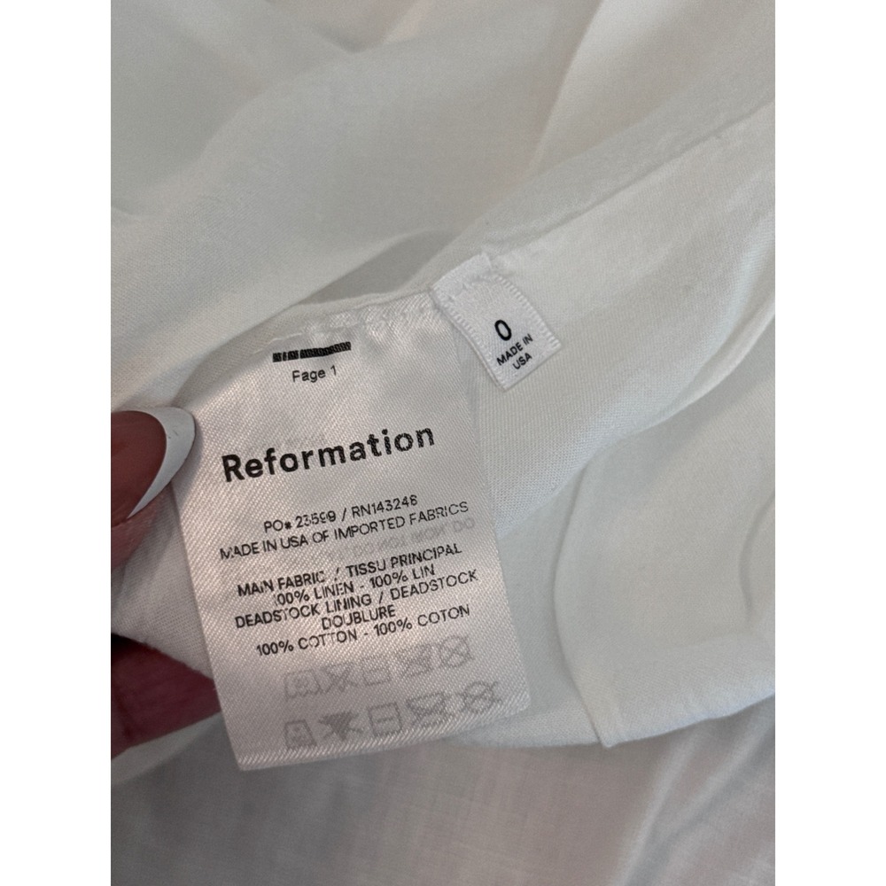 Reformation White Linen Midi Dress Ruffle Strap Slit Cottagecore Summer Sz 0 kk - Picture 4 of 9
